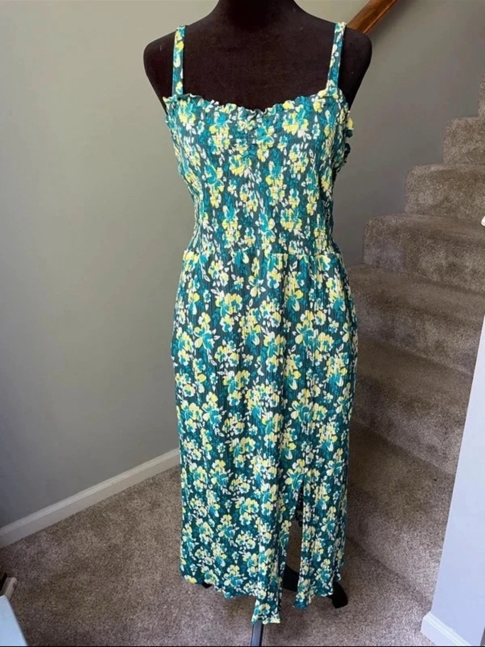 Market & Spruce Teal Floral Smocked Midi Dress with Yellow and White Bloom